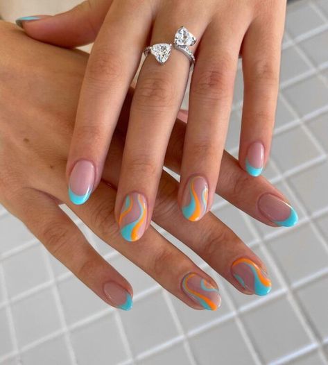 Swirly Nail Designs Blue, Swirly Nail Designs, Swirly Nails, Cruise Nails, Beach Nail Designs, Beach Nail, Spring Break Nails, Beachy Nails, Broken Nails