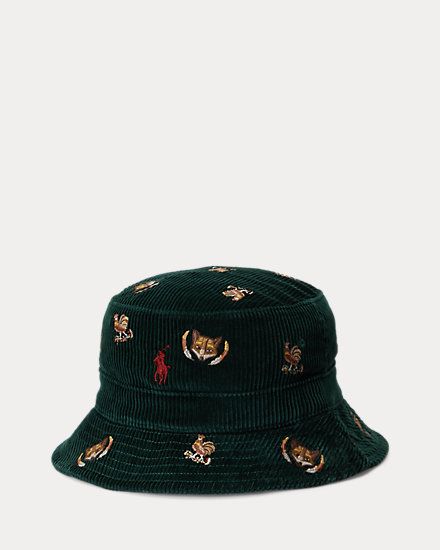 Embroidered Corduroy Bucket Hat Embroidered Corduroy, Corduroy Bucket Hat, Mens Bucket Hats, Lauren Green, Ralph Lauren Men, Animal Design, New Product, Bucket Hat, Scarf Accessory