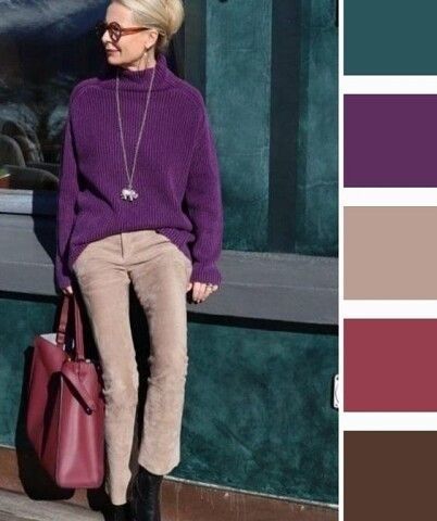 Purple Color Combinations, Deep Winter Colors, Colour Combinations Fashion, Color Combos Outfit, Color Blocking Outfits, Color Combinations For Clothes, Beige Outfit, Tan Pants, Fall Color Palette