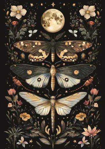 ↑↑↑ Larger size on website 🔸 The image depicts a symmetrical arrangement of three moths and various flowers against a black backg Dark Botanical Aesthetic, Moth Poster, Dark Prints, Dark Botanical, Magical Decor, Magic Moon, Witchy Aesthetic, Insect Print, Witch Art