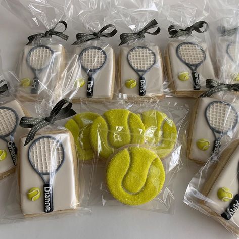 Tennis Awards, Tennis Cookies, Tennis Senior Pictures, Tennis Cake, Tennis Party Decorations, Ball Cookies, Tennis Birthday, Shark Themed Party, Cookie Party Favors