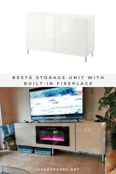 BESTÅ storage unit with built-in fireplace. Ikea Besta With Fireplace, Electric Fireplace Ikea Hack, Ikea Tv Wall Unit Ideas With Fireplace, Ikea Hack With Electric Fireplace, Ikea Besta Fireplace, Ikea Fireplace Hack, Ikea Hack Fireplace Built Ins, Ikea Fireplace Built Ins, Ikea Tv Wall Unit