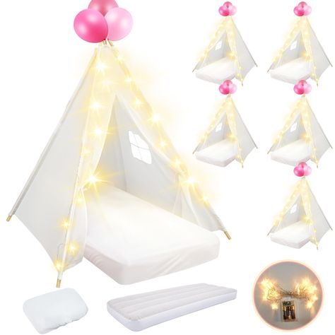 PRICES MAY VARY. Comprehensive Sleepover Set:: 6 white kids teepee tents, 6 strings of 9.84 feet/ 3 meter starlights, 6 white air beds with a size of 61.81 x 25.98 x 7.09 inches/ 157 x 66 x 18 cm, 6 pieces of white fitted sheets that fit perfectly on the air mattress; Together these will add fun to your child's sleepover party Exquisite Design and Comfort: Our children's teepees boast a sophisticated white design with small windows. The starlight transform each teepee into a cozy haven for readi Toddler Play Tent, Tent Sleepover, Sleepover Tents, Tent For Kids, Kids Teepee, 50 Balloons, Kids Teepee Tent, Tent Fabric, Inflatable Bed