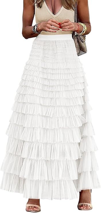 Amazon.com: MIYIEONZ Women's Fairy Tulle Midi Skirt Sweet Elastic High Waist A-Line Ruffle Tiered Layered Mesh Puffy Long Maxi Skirt : Clothing, Shoes & Jewelry Long Maxi Skirt, Tulle Midi Skirt, Long Maxi Skirts, Long Maxi, Maxi Skirt, Top Styles, Midi Skirt, Fashion Branding, Topshop