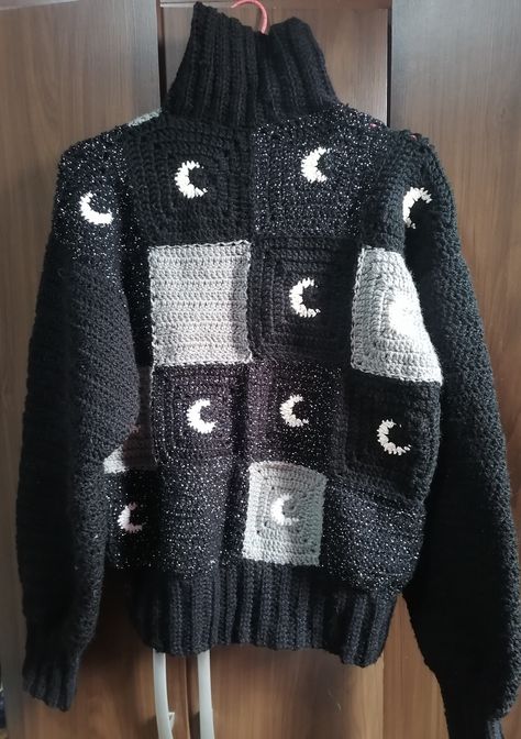 Moon Sweater Knitting Pattern, Punk Sweater Diy, Masc Crochet Clothes, Crochet Tapestry Sweater, Crochet Celestial, Crochet Star Sweater, Goth Knitting, Celestial Crochet, Punk Crochet