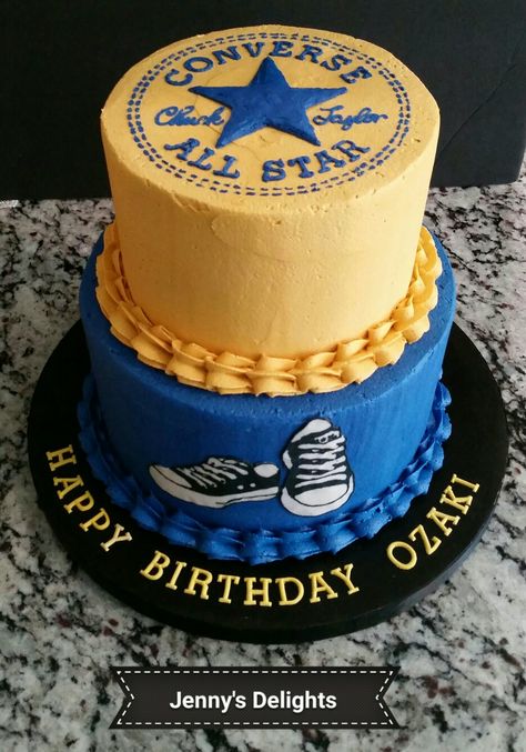 Converse Themed Party Ideas, Blue Yellow Birthday Theme, Blue And Yellow Themed Birthday Party, Yellow And Blue Cake Designs Birthday, Yellow And Blue Cake Design, Converse Cake Ideas, Cub Scout Blue And Gold Cake, Converse Cake, Gold Converse