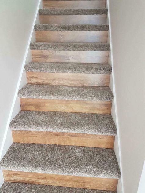 Carpet Stairs With Wood Risers, Stairs With Carpet And Laminate, Carpet And Laminate Stairs, Carpeted Staircase Ideas, Stairs And Landing Decor, Custom Industrial Furniture, Carpeted Stairs, Laminate Stairs, Carpet Staircase