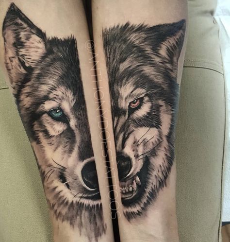 Couples Wolf Tattoos, Half Sleeve Tattoos Wolf, Tattoo With Quote, Pair Tattoos, Him And Her Tattoos, Couple Tattoos Unique Meaningful, Couples Tattoos, Couple Tattoos Unique, Matching Sister Tattoos