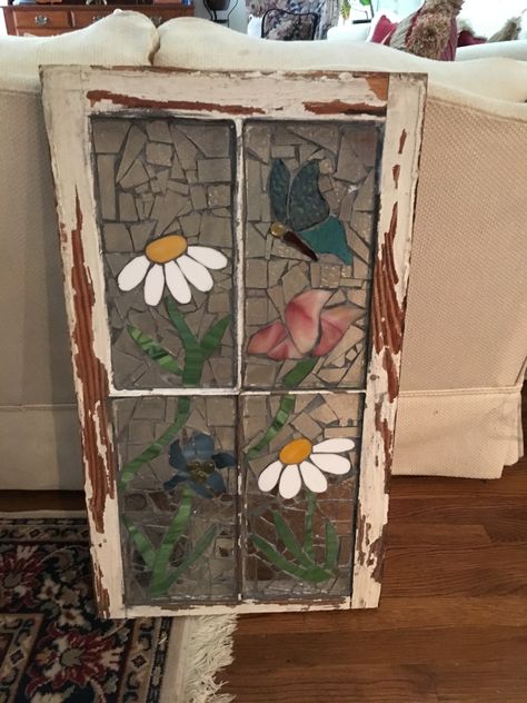 Stained Glass In Old Window Frames, Glass On Glass Mosaic Window, Old Stained Glass Windows, Mosaic Panels, Stained Glass Mosaic Window, Old Window Art, Old Window Decor, Mosaic Window, Garden Mosaics