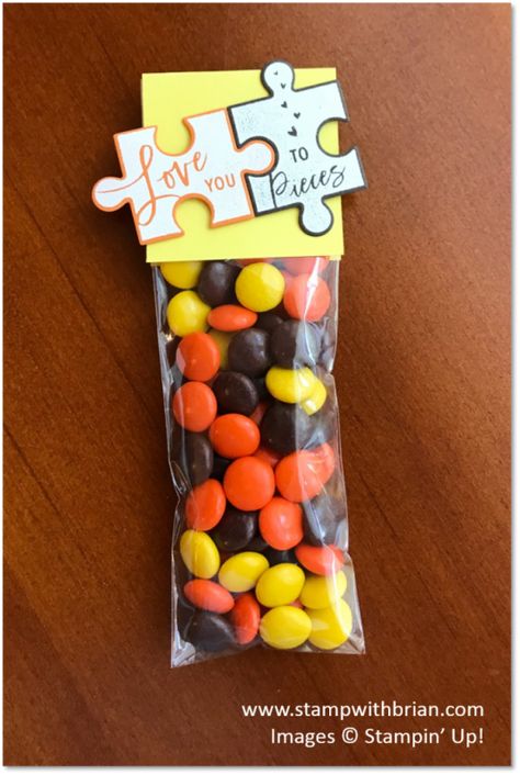 Love You to Pieces with Reece's Pieces, Stampin' Up!, Brian King Handmade Christmas Gifts Diy, Decorated Liquor Bottles, Adoption Shower, Candy Gifts Diy, Puzzle Party, Reese's Pieces, Diy Food Gifts, Adoption Party, Volunteer Gifts