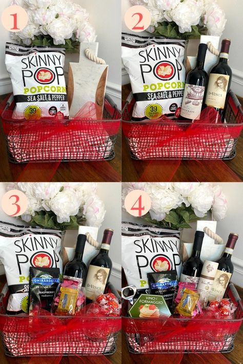 Cheap Wine Basket Gift Ideas, Wine Raffle Basket Ideas, Red Wine Gift Basket, Diy Wine Gift Baskets, Gift Basket Diy, Movie Night Basket, Wine Gifts Diy, Wine Gift Basket, Wine Snacks