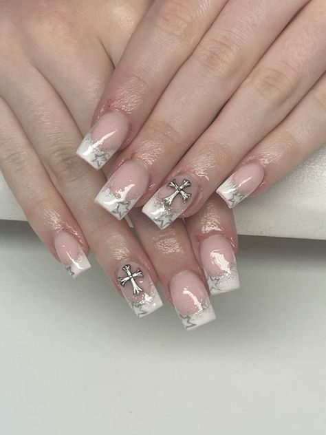 Glitter Short Square Nails, French Tips Chrome, Square Nails French, Cross Nail Designs, Chrome Cross, White French Tips, Cross Nails, Aesthetic 2024, Punk Nails