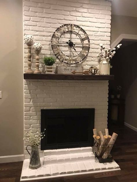 Farmhouse Fireplace Decor, Farmhouse Mantle, White Brick Fireplace, Fireplace Mantle Decor, The Mantle, Fireplace Mantel Decor, Farmhouse Fireplace, Fireplace Remodel, Home Fireplace