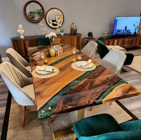 Epoxy Resin Wooden Kitchen Dining Table With Stand / Base by IndianCraftsHouse on Etsy Natural Wood Dining Table, Live Edge Wood Table, Epoxy Wood Table, Resin Table Top, Luxury Green, Furniture Material, Epoxy Resin Table, Epoxy Table, Kitchen Dining Table