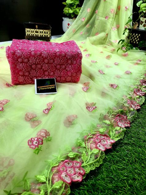 Price : 3400 rs+$..oledqnt *🦚New Arrival pure* *Net Sarees* *in SWARAGINI* 🦚 Pure n very soft net high quality with floral hand work embroidery work all over single side boder along with baby pink embroidery designer blouse Colour is light pista green with pink 💗 combination Multiple pcs available *Blouse designer* Light Pista Colour Combination, Pista Colour Combination, Pista Colour, Net Sarees, Pista Green Colour, Pink Combination, Blouse Colour, Green Color Combinations, Pista Green