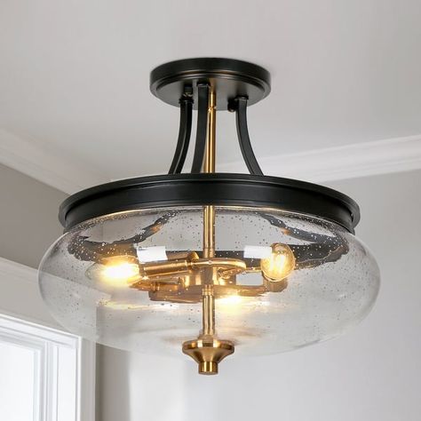 Zenith Modern Transitional Black Gold Semi Flush Mount Lights Drum Seeded Glass Foyer Ceiling Lights - D 14" x H 12.5" - On Sale - Bed Bath & Beyond - 36049027 Foyer Ceiling Lights, Modern Farmhouse Black, Foyer Ceiling, Semi-flush Mount Lights, Kitchen Bowl, Charming Kitchen, Flush Mount Lights, Gold Kitchen, Glass Ceiling Lights