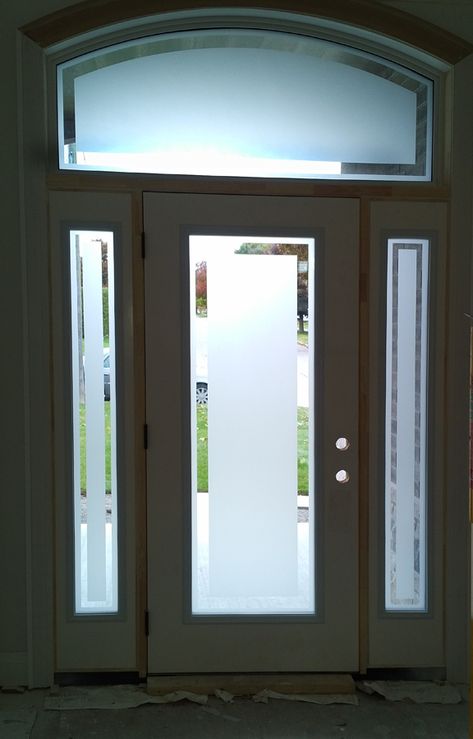 Custom Sand blasted glass design by what A Pane Inc. Sand Blasted Glass Ideas, Front Door Frosted Glass Design, Sandblasted Glass Design, Sandblasting Ideas, External Glass Doors, House Frontage, Indoor Glass Doors, Front Door Glass Insert, Glass Partition Designs