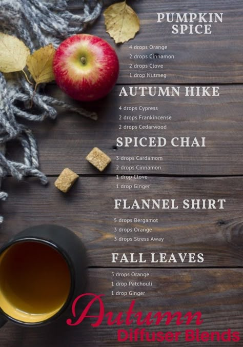 Pumpkin spice lattes, hikes in the woods with the crisp air, spiced chai tea, flannel shirts, and fall leaves... what are your favorite autumn scents?  I've compiled five of my favorite autumn diffuser blends to welcome fall! Chai Tea Essential Oil Blend, Chai Diffuser Blend, Fall Essential Oil Diffuser Blends, Autumn Diffuser Blends, Autumn Scents, Diffuser Scents, Fall Hike, Fall Essential Oils, Fall Diffuser Blends