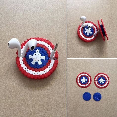 Earbud holder Earbud Holder, Pixel Beads, 3d Perler Bead, Art Perle, Fusion Beads, Hama Beads Design, Astuces Diy, Perler Crafts, Captain America Shield