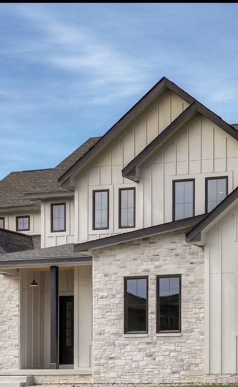 Taupe House Black Windows, Exterior Gable Ideas, Warm White Exterior House Colors, Home Exterior Material Options, Exterior Home Colors 2024, Horizontal Siding Exterior, Farmhouse Exterior Stone, Blonde Brick House Exterior Trim Color, Shake Siding Exterior