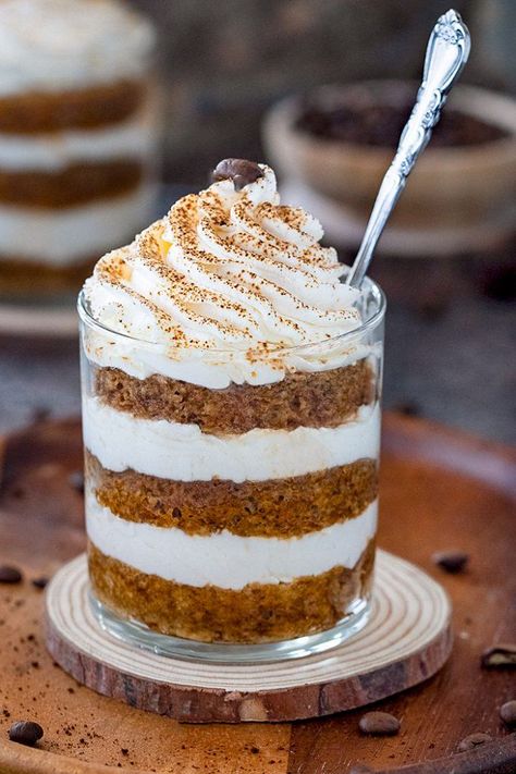 Eggless Tiramisu Trifle Cups - RuchisKitchen Trifle Cups, Tiramisu Trifle, Trifle Dish, Honey Bun, Whipped Cream Frosting, Honey Buns, Cheese Topping, Mascarpone Cheese, Homemade Whipped Cream