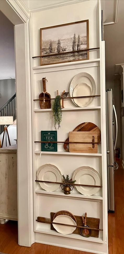 Kitchen Platter Display, Platter Racks In Kitchen, Plate Racks Wall Display Kitchens, Kitchen Wall Rack Ideas, Plate Shelf Display, Antique Plate Rack, Platter Wall Display, Plate Racks Wall Display, Empty Wall Kitchen Ideas