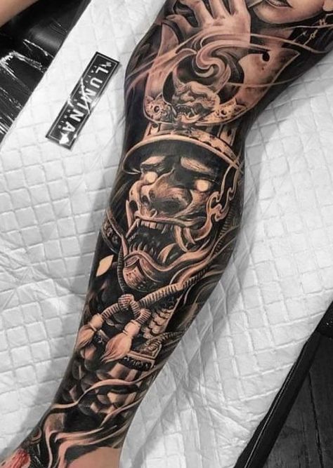 Oni Skull Tattoo, Menpo Mask Tattoo, Hamstring Tattoo For Men, Japanese Calf Tattoo Men, Back Leg Tattoo Men, Japanese Shin Tattoo, Samurai Leg Tattoo, Japanese Realism Tattoo, Japanese Realism