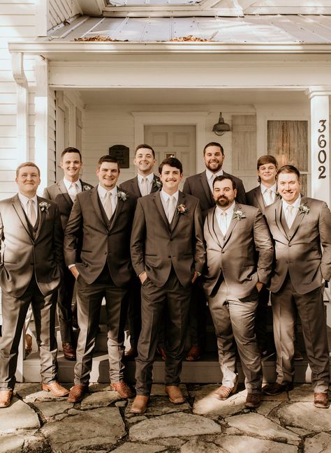 Tux With Boots Wedding, Charcoal Suit Fall Wedding, Groomsmen Outfit Ideas Rustic, Grey Suit With Cowboy Boots, Rust And Grey Wedding, Dark Brown Groomsmen Suits, Suits With Cowboy Boots, Suits With Boots, Brown And Black Wedding