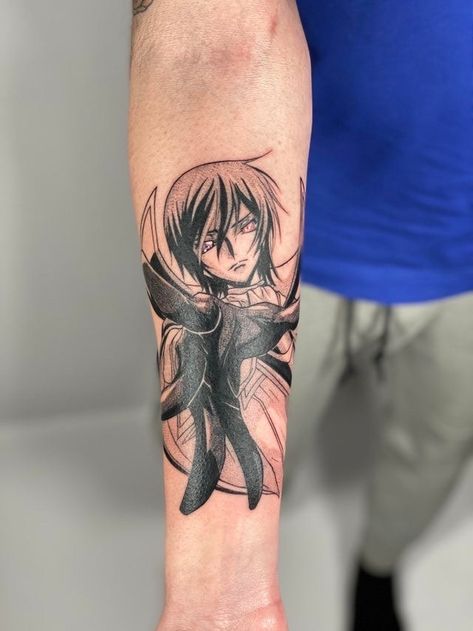 Lelouch Tattoo, Code Geass Tattoo Ideas, Code Geass Tattoo, Gintama Tattoo Ideas, Anime Tattoos Bleach, Code Geass Shirt Design, Small Phoenix Tattoos, Nerdy Tattoos, Ghibli Tattoo