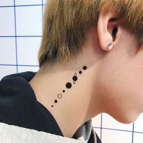 Solar System Tattoo Men, Solar System Wrist Tattoo, Space Neck Tattoo, Tattoo Planets Solar System, Solar System Back Tattoo, Space Tattoos Simple, Solar System Spine Tattoo, Planets Tattoo Simple, Nasa Tattoo