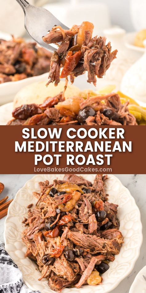 Slow Cooker Mediterranean Pot Roast pin collage Pot Roast Slow Cooker Recipes, Slow Cooker Mediterranean, Roast Slow Cooker, Slow Cooker Pot Roast Recipes, Italian Roast, Delicious Veggies, Slow Cooker Roast, Crockpot Roast, Pot Roast Slow Cooker