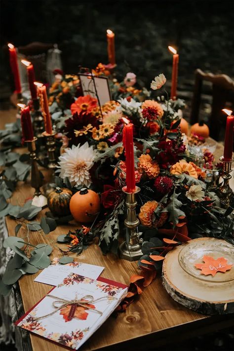 Witchy Autumn Wedding, Woodland Autumn Wedding, Autumn Tipi Wedding, Autumn Party Table Decor, Autumnal Table Settings, Pumpkin Fall Wedding Decor, Cozy Fall Wedding Decor, Autumn Table Display, Autum Center Piece Wedding