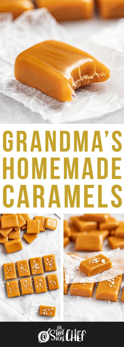 Grandma\'s Homemade Caramels Homemade Caramel Candy, Candy Bark Recipes, Caramels Recipe, Homemade Caramel Recipes, Homemade Caramels, Bark Recipes, Delicious Holiday Desserts, Cookie Boxes, Candy Bark