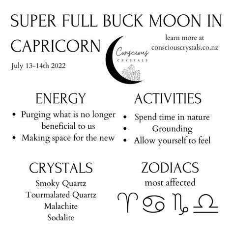 Buck Moon Ritual 2024, Buck Moon Correspondences, Buck Moon Meaning, Capricorn Crystals, Capricorn Full Moon, Zodiac Dragons, Full Buck Moon, Super Full Moon, Full Moon In Capricorn