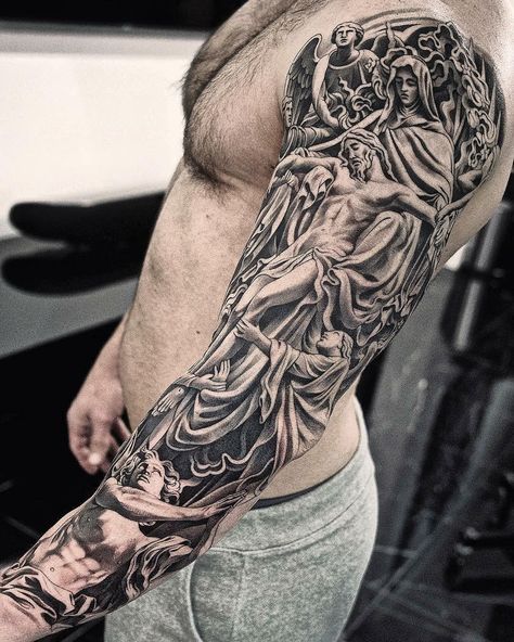 Jesus Tattoo Sleeve, Religious Tattoo Sleeves, Sculpture Tattoo, Angel Sleeve Tattoo, Christus Tattoo, Christian Sleeve Tattoo, Hyper Realistic Tattoo, Heaven Tattoos, Realistic Tattoo Sleeve