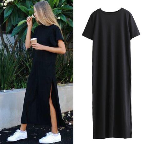 Long Black Dress Casual, Long Black Bodycon Dress, Tshirt Dress Outfit, Split Long Dress, Summer Black Dress, Looks Party, Long Dress Casual, Long Black Dress, Long Tshirt