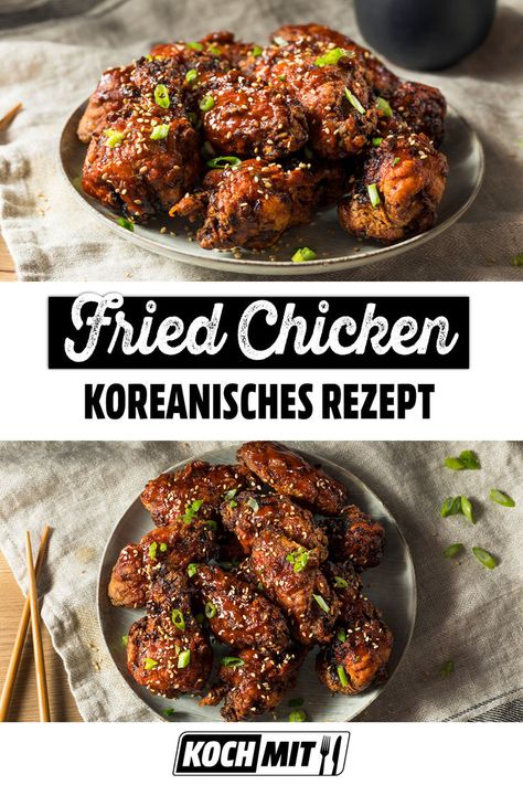 Die koreanische Küche hat ihren weltweiten Siegeszug längst angetreten. Gerichte wie Bibimbap oder Mandu sind auch hierzulande bekannt. In unserem Rezept für Korean Fried Chicken zeigen wir dir, wie du einen der beliebtesten Kneipensnacks aus Korea einfach selbst zubereitest! Hier gibt es das Rezept für Korean Fried Chicken Huraideu-Chikin. Korea Food, Korean Chicken, Korean Fried Chicken, Fancy Food, Asian Cooking, Thai Recipes, Asian Food, Korean Food, Fried Chicken