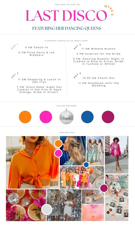 Bachelorette Party Color Scheme, Bachelorette Color Schemes, Below Deck Bravo, Disco Hens, Hotel Bachelorette Party, Classy Hen Party, 30th Birthday Themes, Last Disco, Bach Bash