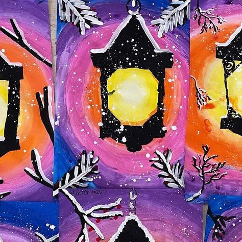 Ashley on Instagram: "Always one of my winter favorites. 5th grade lanterns. Day 1 backgrounds focusing on blending colors, no stripes. Day 2 draw and paint lanterns and branches. Focusing in craftsmanship and realistic branches. Day 3: add winter berries with oil pastels, add snow on top of branches, lastly splatter paint. I told my students these would look gorgeous in a frame 🖼️ Great Christmas present for a loved one. #elementaryart #artprojectsforkids" Lantern Drawing, Art Elementary, Painted Lanterns, Winter Favorites, Winter Art Lesson, Blending Colors, Lantern Art, Winter Berries, Draw And Paint