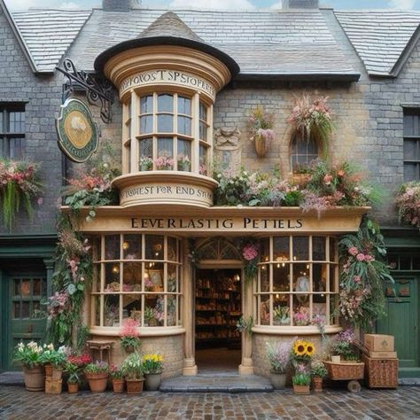 Cottage Bakery Exterior, Flower Shop Building, Apothecary Exterior, Cozy Cafe Exterior, Bookstore Exterior, Cottage Reference, Bookstore Design, Victorian Village, Dolls House Shop