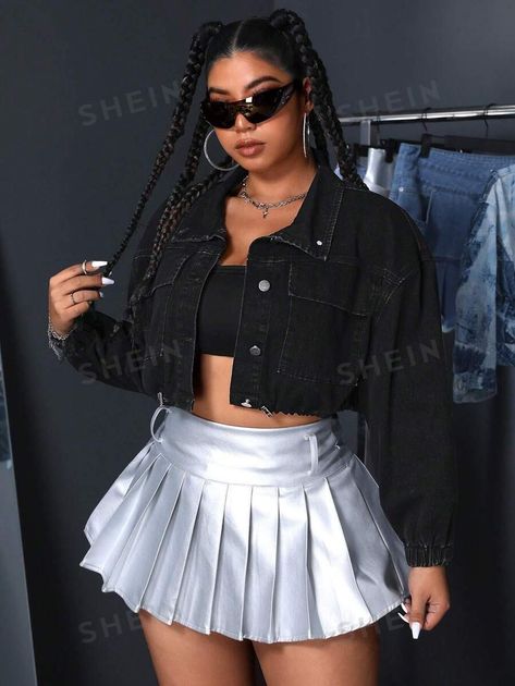 SHEIN ICON Plus Size Turndown Collar Front Button Long Sleeve Cropped Denim Jacket, Casual Daily Wear for Sale Australia| New Collection Online| SHEIN Australia Crop Black Jean Jacket, Black Jean Jacket, Shein Icon, Button Long Sleeve, Cropped Denim Jacket, Turndown Collar, Cropped Denim, Black Casual, Scarf Print