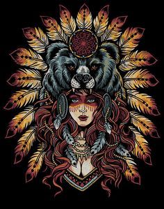 Native Bear Art, Bear Headdress Tattoo, Bear Headdress, Tattoo Native American, Headdress Art, Native American Tattoos, Native Tattoos, Indian Skull, Bear Tattoos