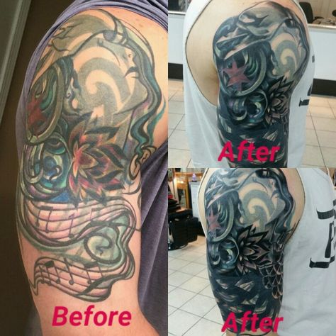 Huge rework and cover tattoo project Tattoo Covers Before And After, We Do Recover Tattoo, Tattoo Rework Before And After, Color Tattoo Cover Up Before And After, Floral Cover Up Tattoo Before And After, Tattoo Project, Skull Tattoo, Cover Up, Tattoos