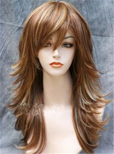 Long Mixed color Layered Side Wavy Hairstyle Synthetic Capless Wig 18 Inches Long Brunette Hair With Layers And Highlights, Long Hair Styles With Layers For Over 50, Long Shag Haircut Choppy Layers, Shaggy Long Hair Choppy Layers, Waterfall Layers Haircut, Long Shag Haircut, Long Layered Haircuts, Long Layered Hair, Haircuts For Long Hair