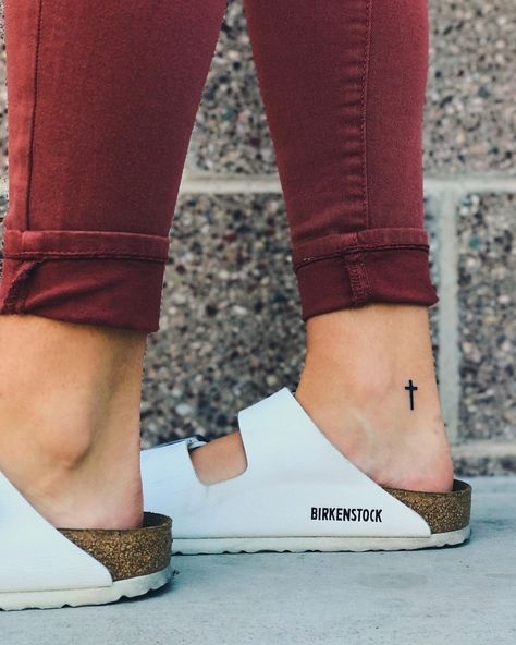 Ankle Cross Tattoo, Cross Tattoo On Ankle, Ankle Tattoo Cross, Hannah Tattoo, Wrist Tattoos Words, Small Cross Tattoos, Verse Tattoos, Tiny Tats, Ankle Tattoos For Women