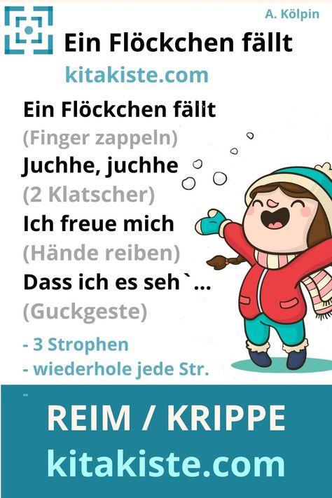 Ein .wunderschöner 3-Str-Reim für u3 - mit Bewegung zur Sprachförderung in Krippe und Tagespflege. Auch schön für Eltern-Kind-Kurse oder musikalische Früherziehung. Gestalte damit Deinen Morgenkreis Kindergarten