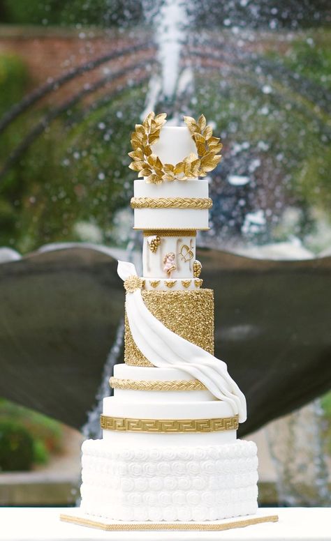 Grecian wedding cake by Cake Couture NI photography by Des Rowan Hercules Themed Wedding, Roman Theme Wedding Decoration, Greek Cake Theme, Greek Mythology Wedding Theme, Hercules Wedding, Greek Wedding Cake, Greek Style Cake Design, Greek Themed Wedding, Ancient Greek Cake Design