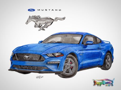 Mustang Drawing, Blue Mustang, Airplane Drawing, Car Prints, Color Drawing Art, Perspective Art, Car Sketch, Car Drawings, Ford Mustang Gt