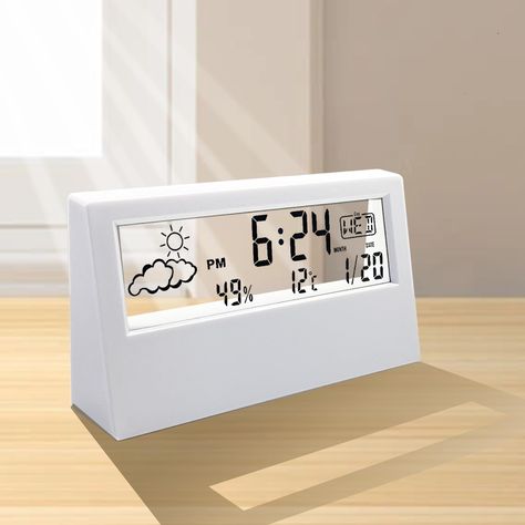 PRICES MAY VARY. This desk clock original provided by 'Quality Made Plus' only. Modern Design: The SawGlory Classic Transparent Alarm Clock features a futuristic transparent screen that displays the time, month, date, temperature, and humidity in a clear and elegant way. The aesthetic white design matches any decor and style. It is simple and minimalist but also modern and sophisticated. Not only a clock but also a great decoration for your bedroom. You can put it anywhere in your home or office Snooze Aesthetic, Modern Clock Design, Alarm Clock Design, Bedroom Shelf, Clock Digital, Clock Numbers, Buy Desk, Desktop Clock, Aesthetic Home Decor