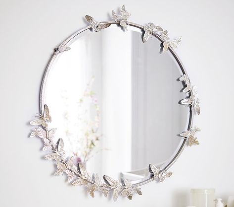 Monique Lhuillier Round Butterfly Kids Mirror | Pottery Barn Kids Mirror With Butterflies, Butterfly Nursery Baby Girl, Butterfly Themed Room, Aesthetic Mirrors, Kids Mirror, Mountain Chateau, Mirror Pottery, Butterfly Bedroom, Kids Mirrors